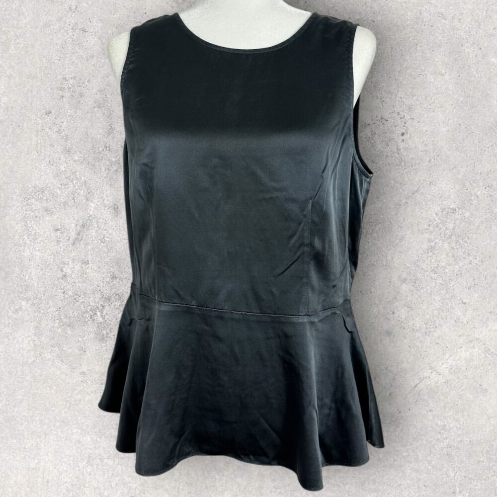 Eileen Fisher 100% Silk Peplum Blouse Womens Size Medium Top Dark Grey Black M